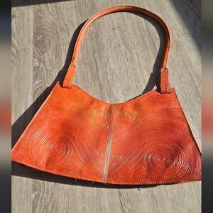 Embossed Genuine Leather Shoulder Bag Made in India Boho Artisan Terracotta